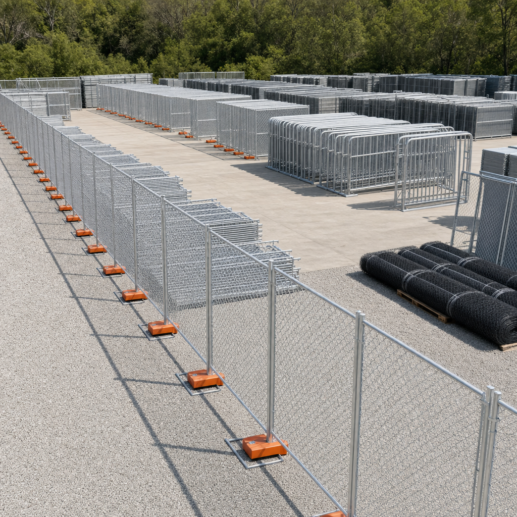 Rows of galvanized temporary chain-link fence panels stacked and staged in an equipment yard